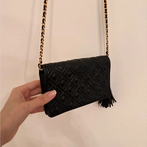Tory Burch Fleming Wallet Black Quilted Chain Crossbody Bag - Picture 4 of 16